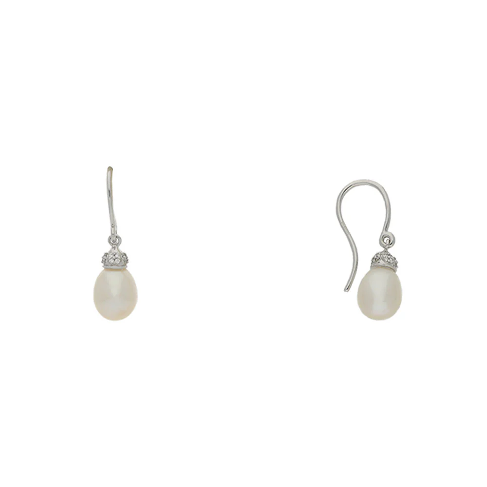9ct White Gold Pearl with Diamond Cap Drop Earrings - Image 2