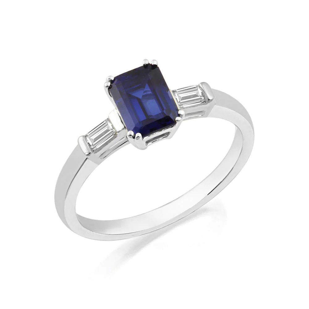 9ct White Gold Sapphire and Baguette Diamond Ring