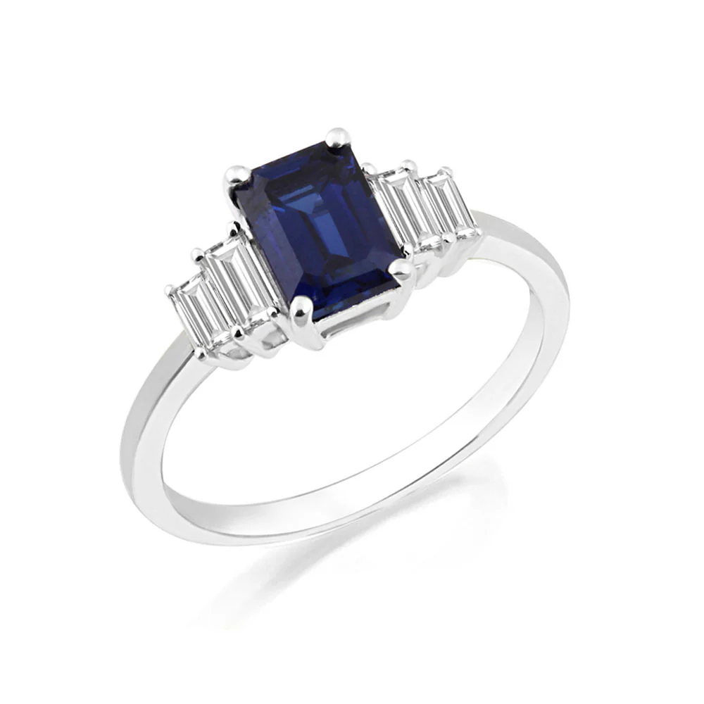 9ct White Gold Sapphire and Diamond Baguette Ring