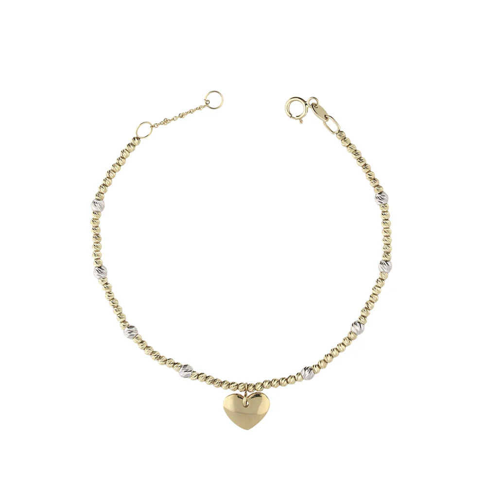9ct Yellow and White Gold Beaded Heart Charm Childrens Bracelet