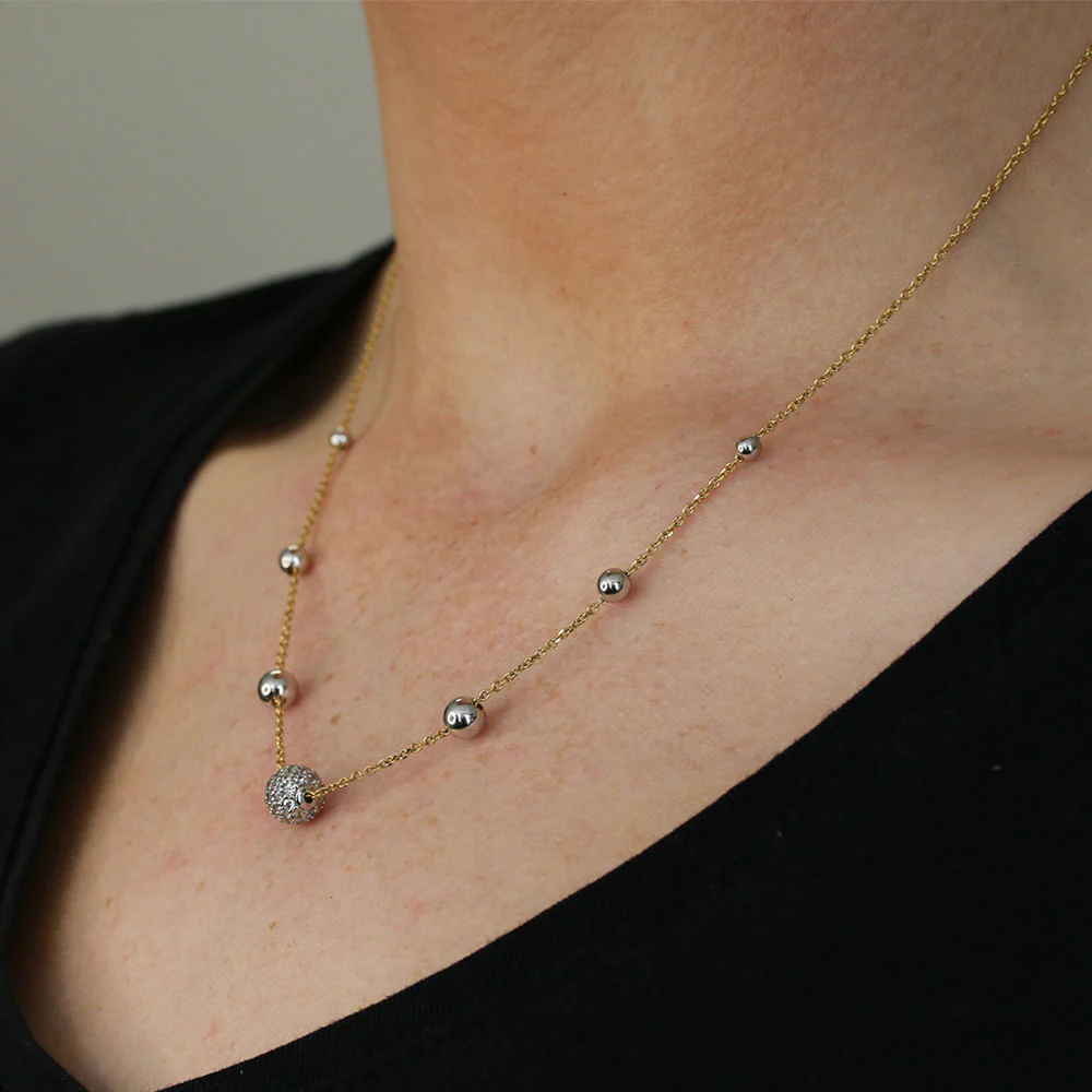 9ct Yellow and White Gold with Zirconia Round Beads Necklace - Image 2