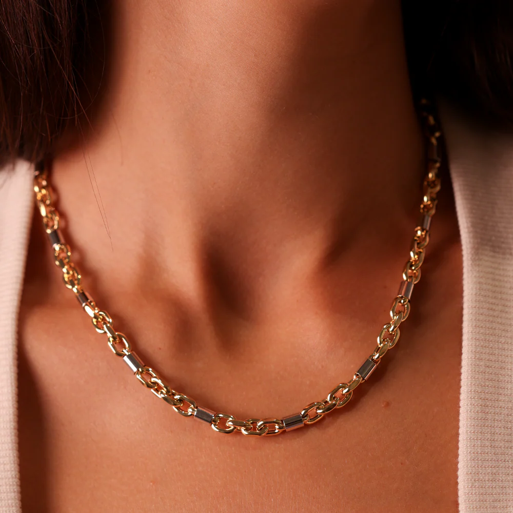 9ct Yellow Gold Belcher Chain White Gold Block Necklace - Image 2
