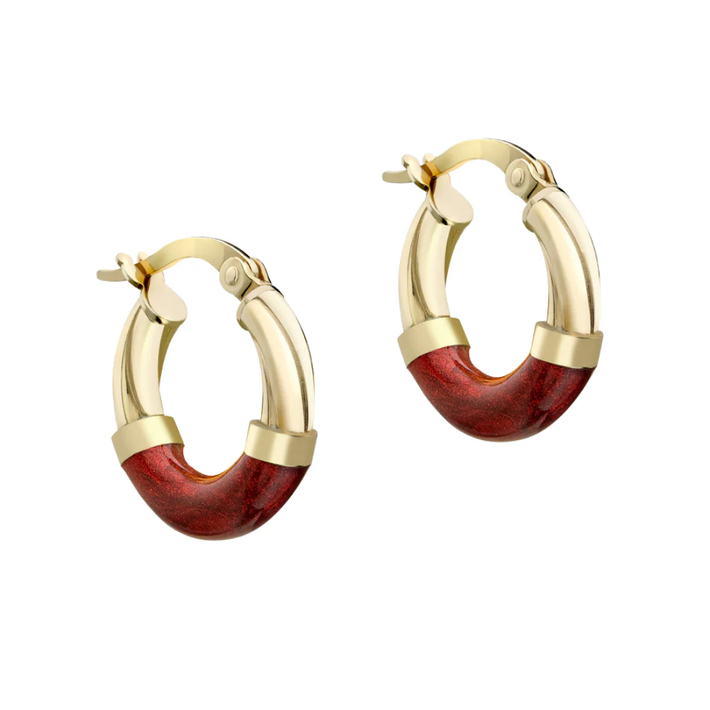 9CT Yellow Gold Creole Hoop Earrings - Red