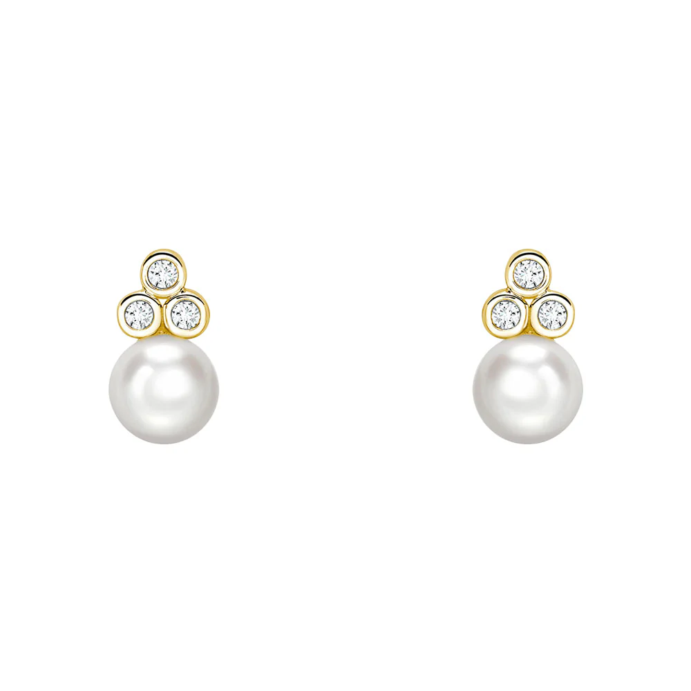 9ct Yellow Gold Cultured Pearl and Tri-Diamond Stud Earrings