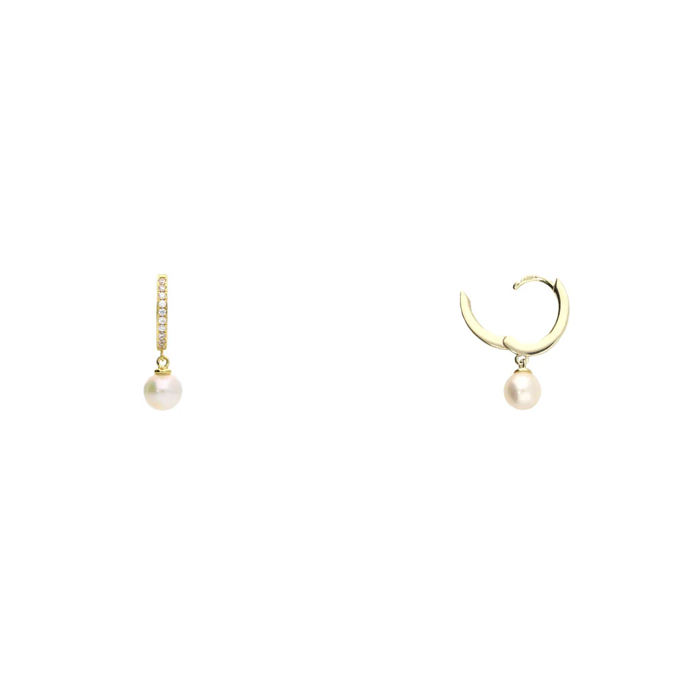 9ct Yellow Gold CZ Hoop and Pearl Earrings - Image 2