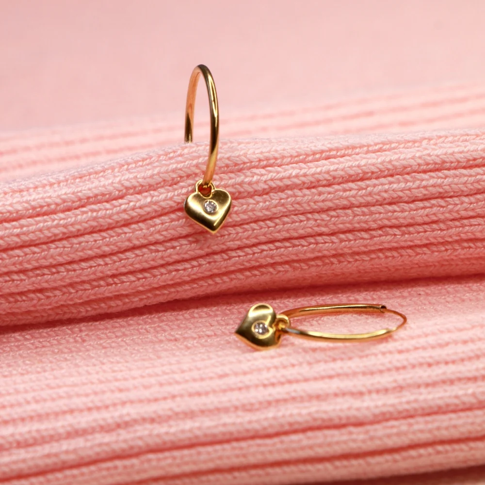 9ct Yellow Gold Hoop with Heart Charm Earrings - Image 2