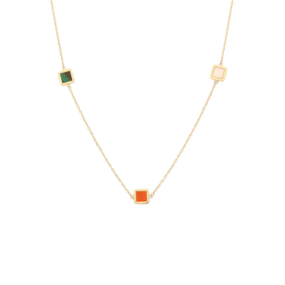 9ct Yellow Gold Multi-Stone Rubover Square Necklace