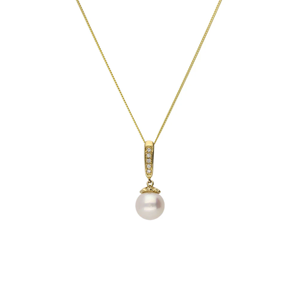 9ct Yellow Gold Pearl and Diamond Bar Pendant
