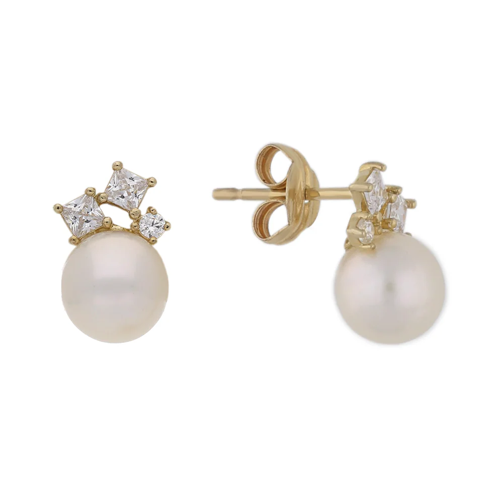 9ct Yellow Gold Pearl and Three Cubic Zirconia Stud Earrings - Image 2