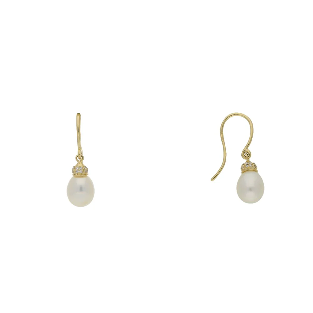 9ct Yellow Gold Pearl with Diamond Cap Drop Earrings