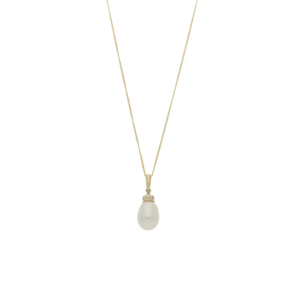 9ct Yellow Gold Pearl with Diamond Cap Pendant