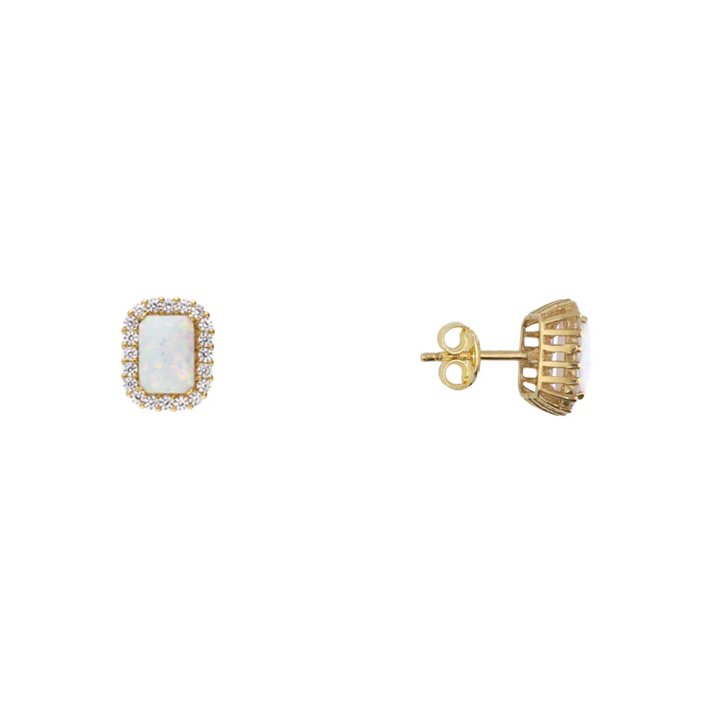 9ct Yellow Gold Rectangular Opal with CZ Halo Earrings - Image 2