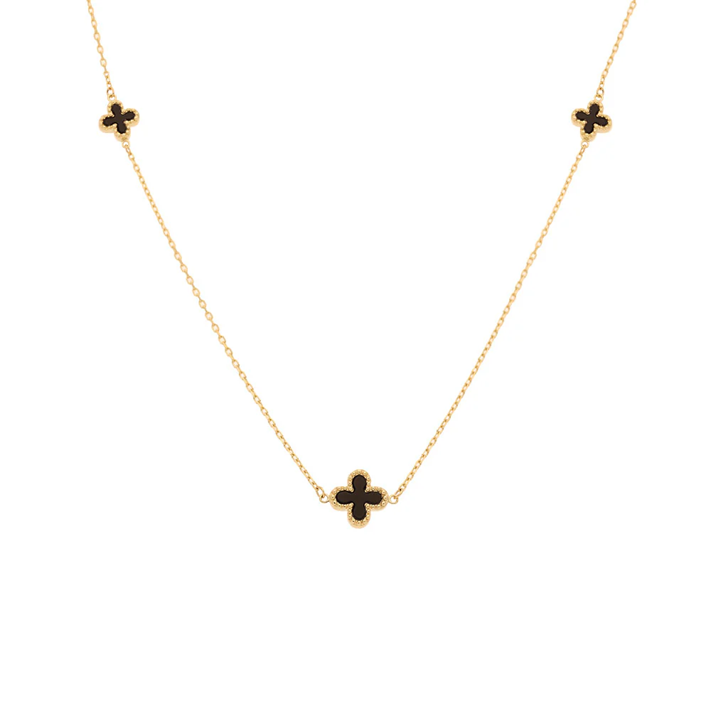 9ct Yellow Gold Triple Onyx Clover Necklace