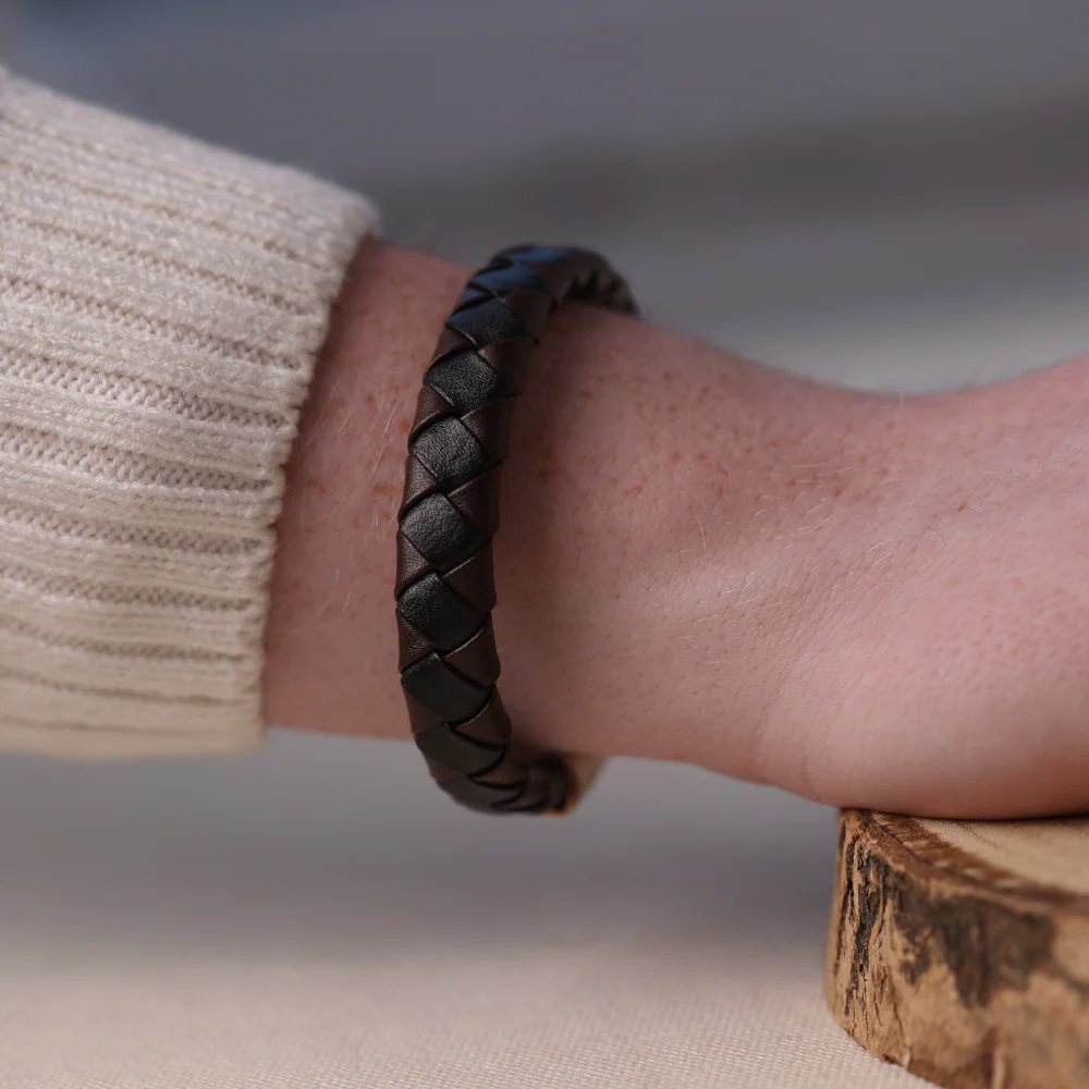 Black & Brown Braided Leather Bracelet with Rose Gold Clasp - Image 2