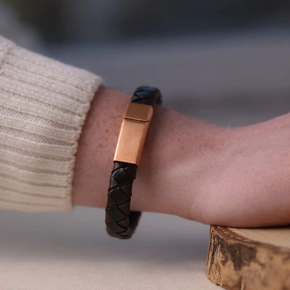 Black & Brown Braided Leather Bracelet with Rose Gold Clasp - Image 3