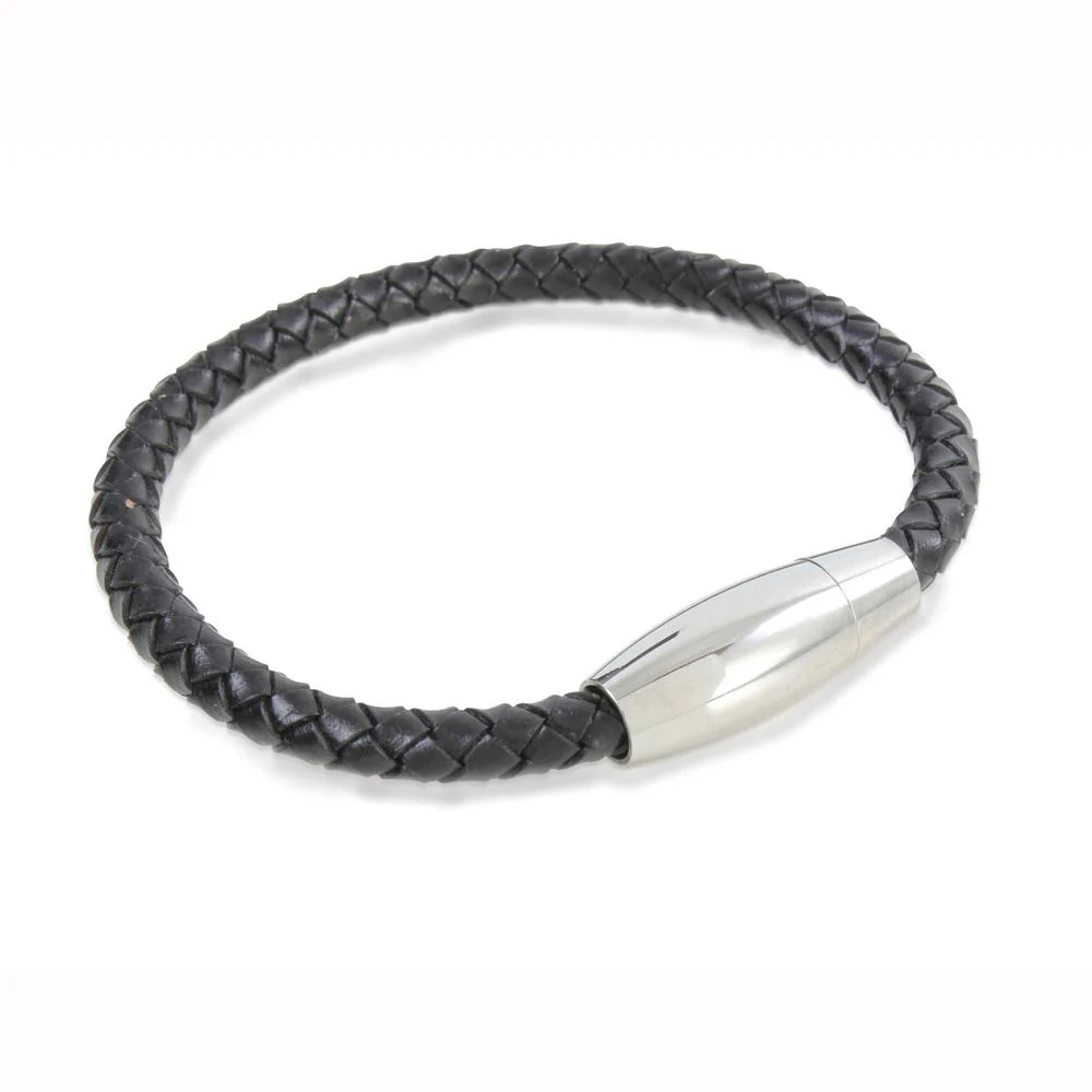 Black Leather and Stainless Steel Bracelet Oval Magnet Clasp 21cm