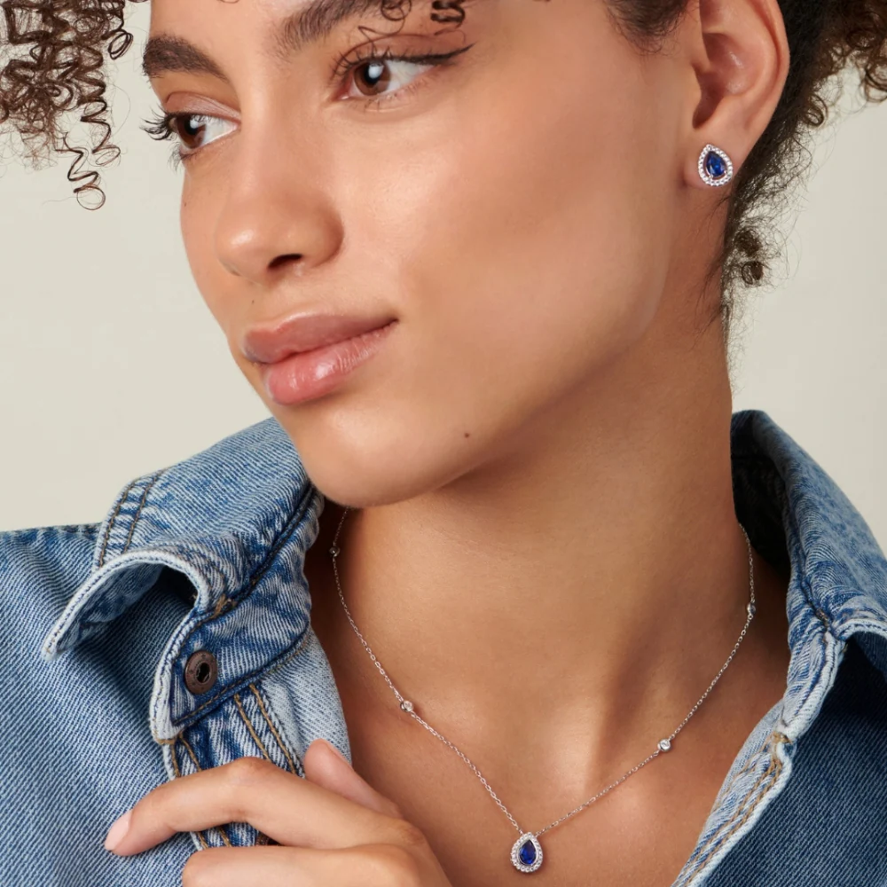 Carat* London Emile Sapphire Blue Pear Borderset Earrings - Image 2