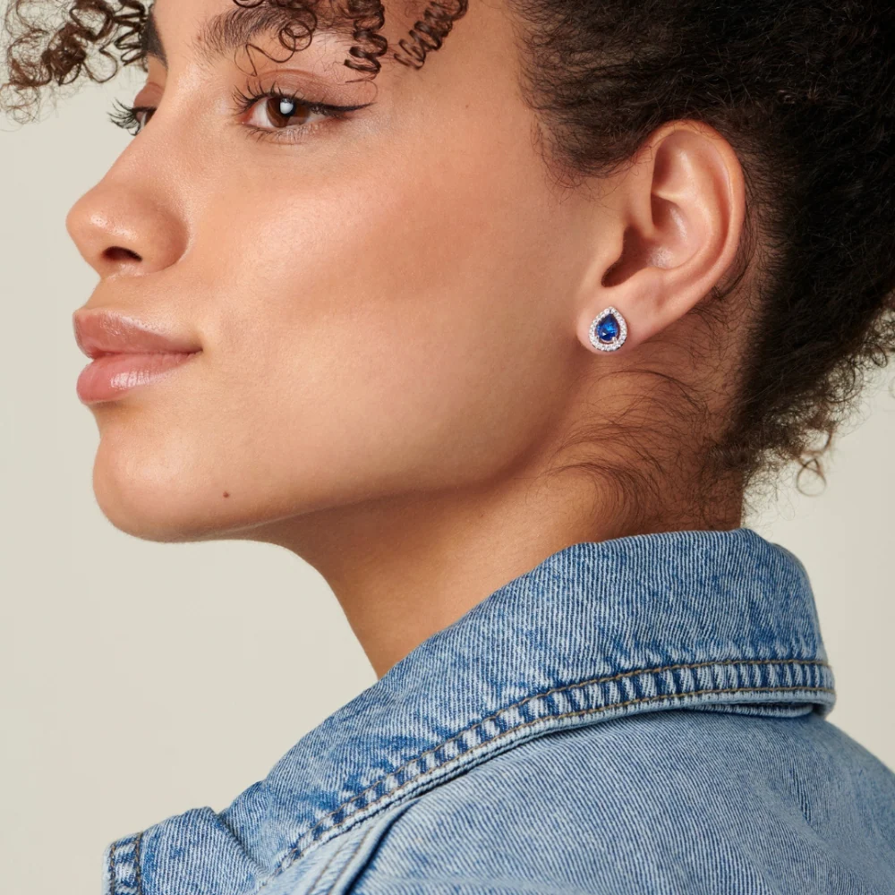 Carat* London Emile Sapphire Blue Pear Borderset Earrings - Image 3