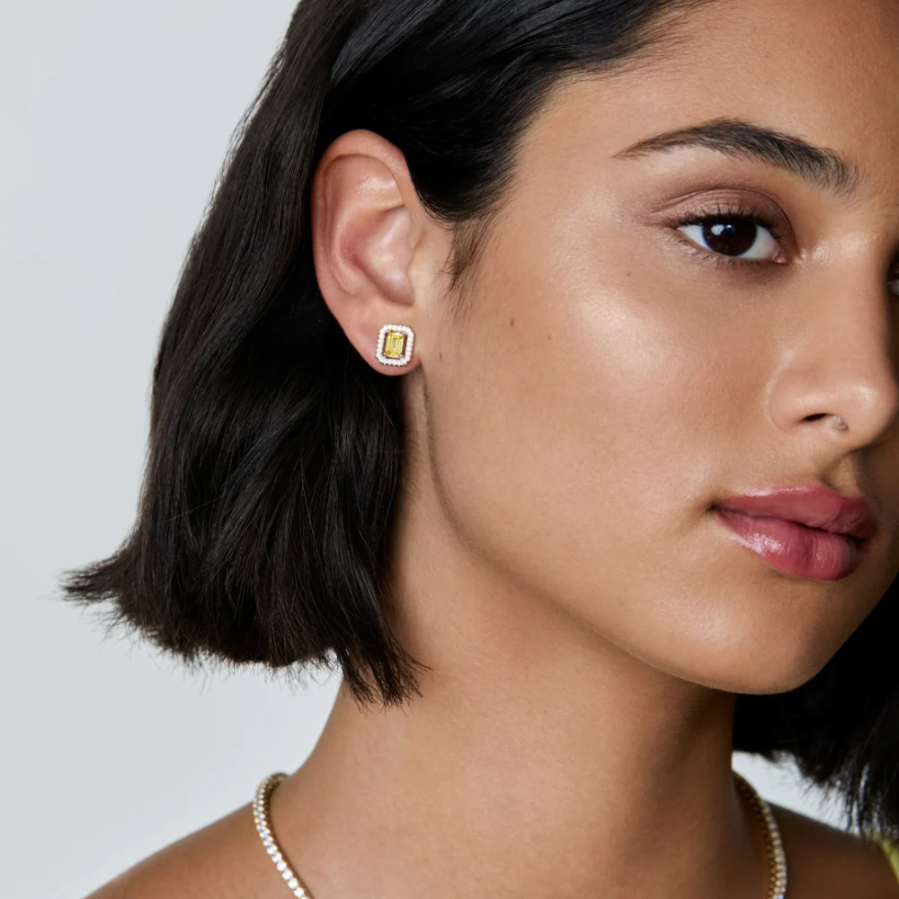 Carat* London Eton White Gold Plated Yellow Borderset Stud Earrings - Image 2