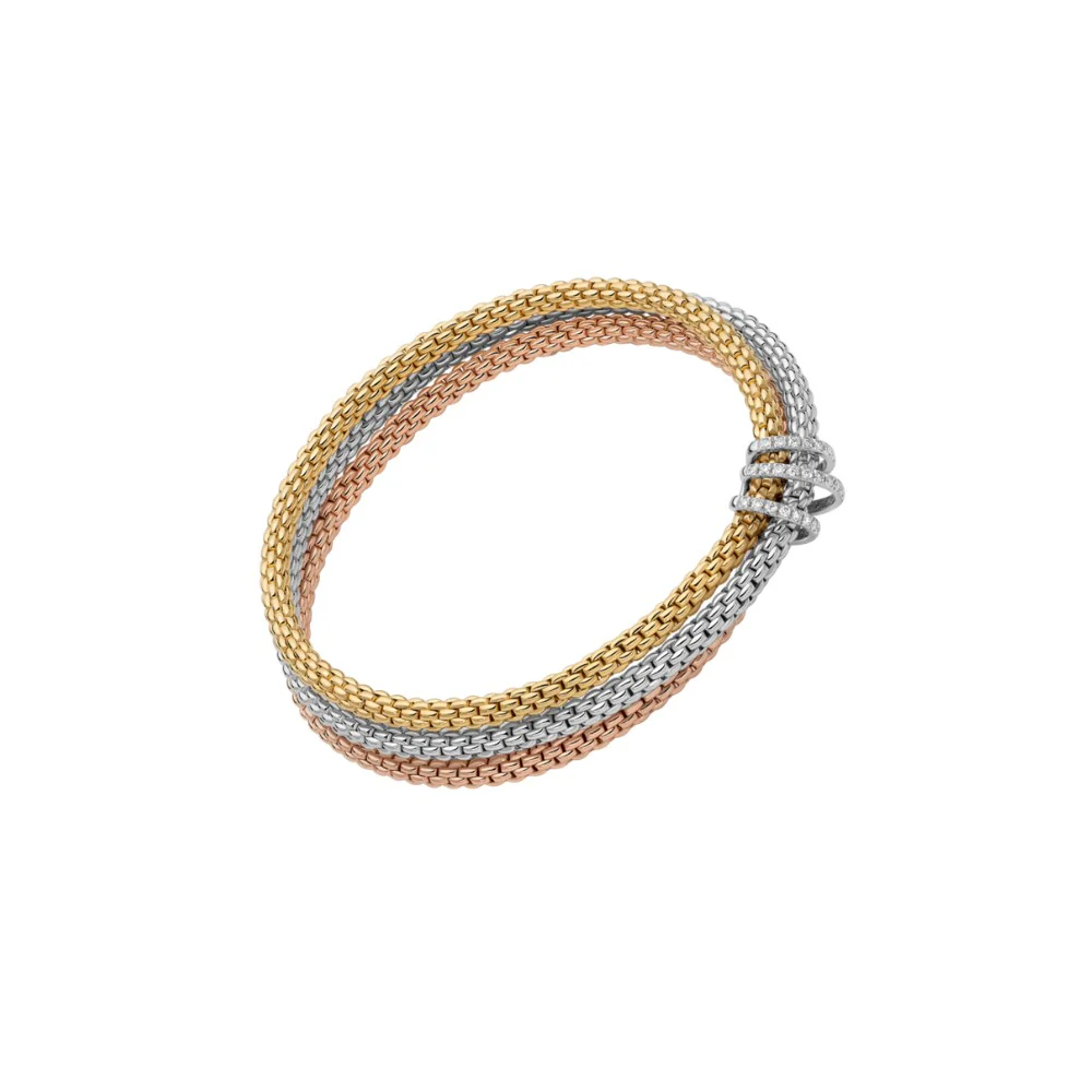 FOPE 18ct Yellow White & Rose Gold Prima Flex'it 3 Diamond Pave Bracelet