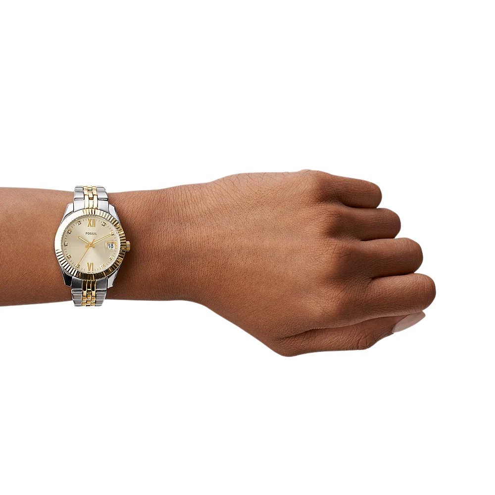 Fossil Scarlette Mini Three-Hand Date Two Tone Stainless Steel Gold Dial Watch - Image 4