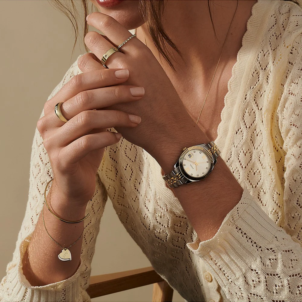 Fossil Scarlette Mini Three-Hand Date Two Tone Stainless Steel Gold Dial Watch - Image 5