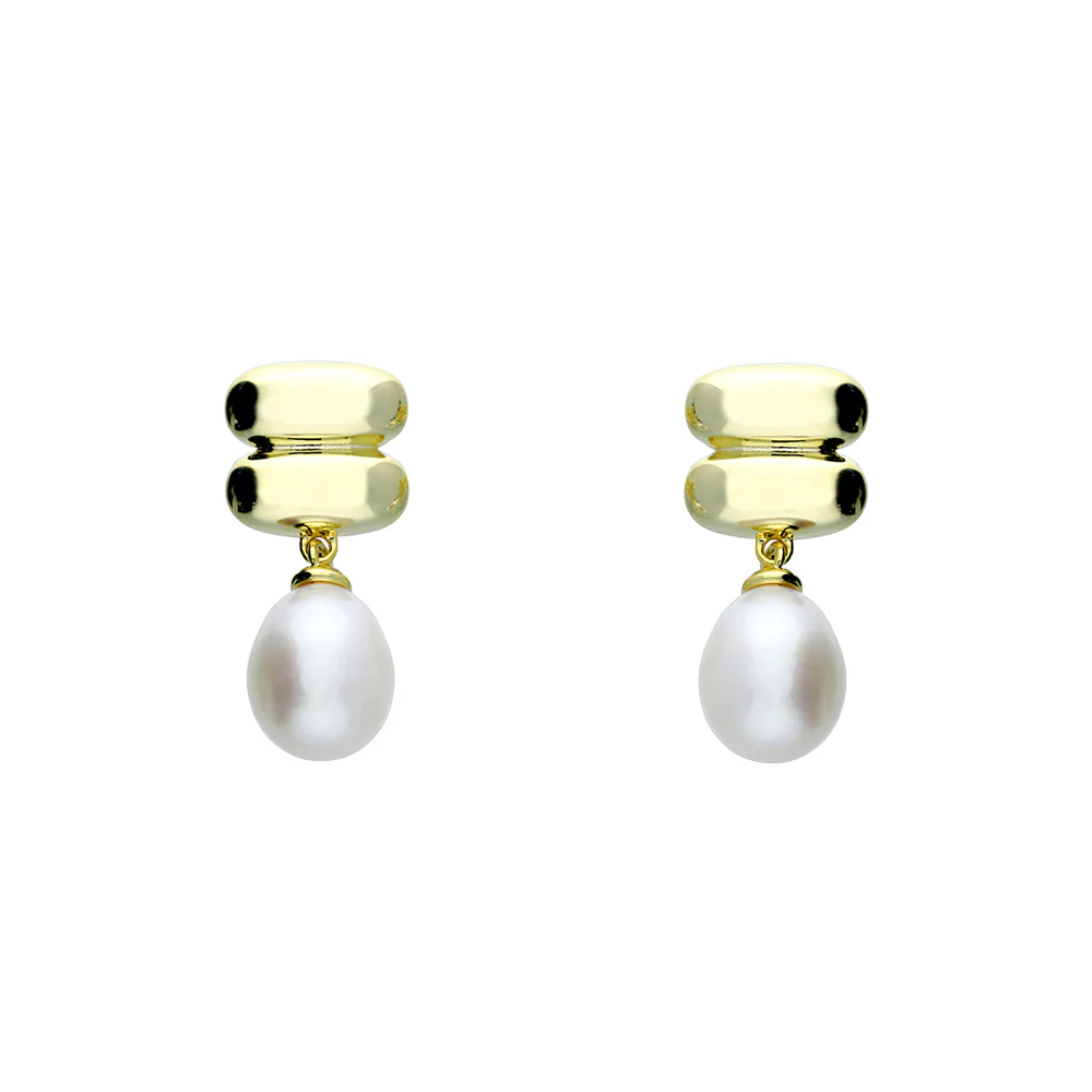 Gold Plated Chunky Double Bar with Drop Pearl Stud Earrings