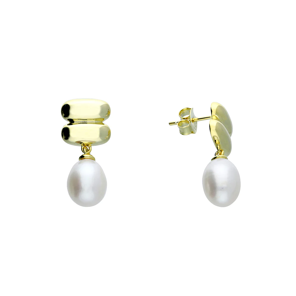Gold Plated Chunky Double Bar with Drop Pearl Stud Earrings - Image 2