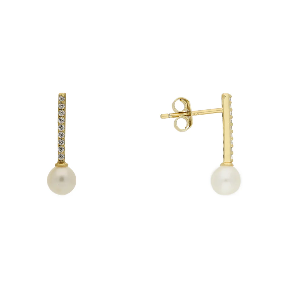 Gold Plated Cubic Zirconia Bar and Pearl Stud Earrings - Image 2