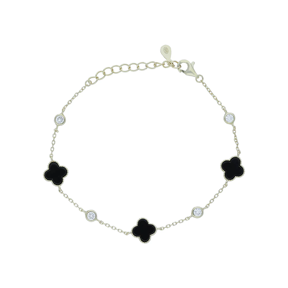 Gold Plated Onyx Flower and CZ Bracelet