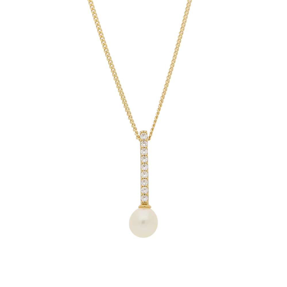 Gold Plated Pearl & Cubic Zirconia Bar Pendant