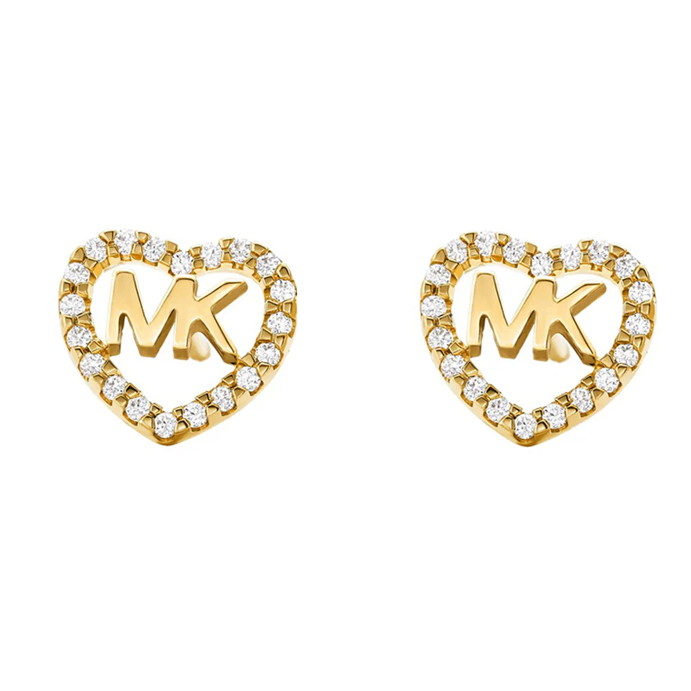 Michael Kors Gold Plated CZ Heart MK Stud Earrings