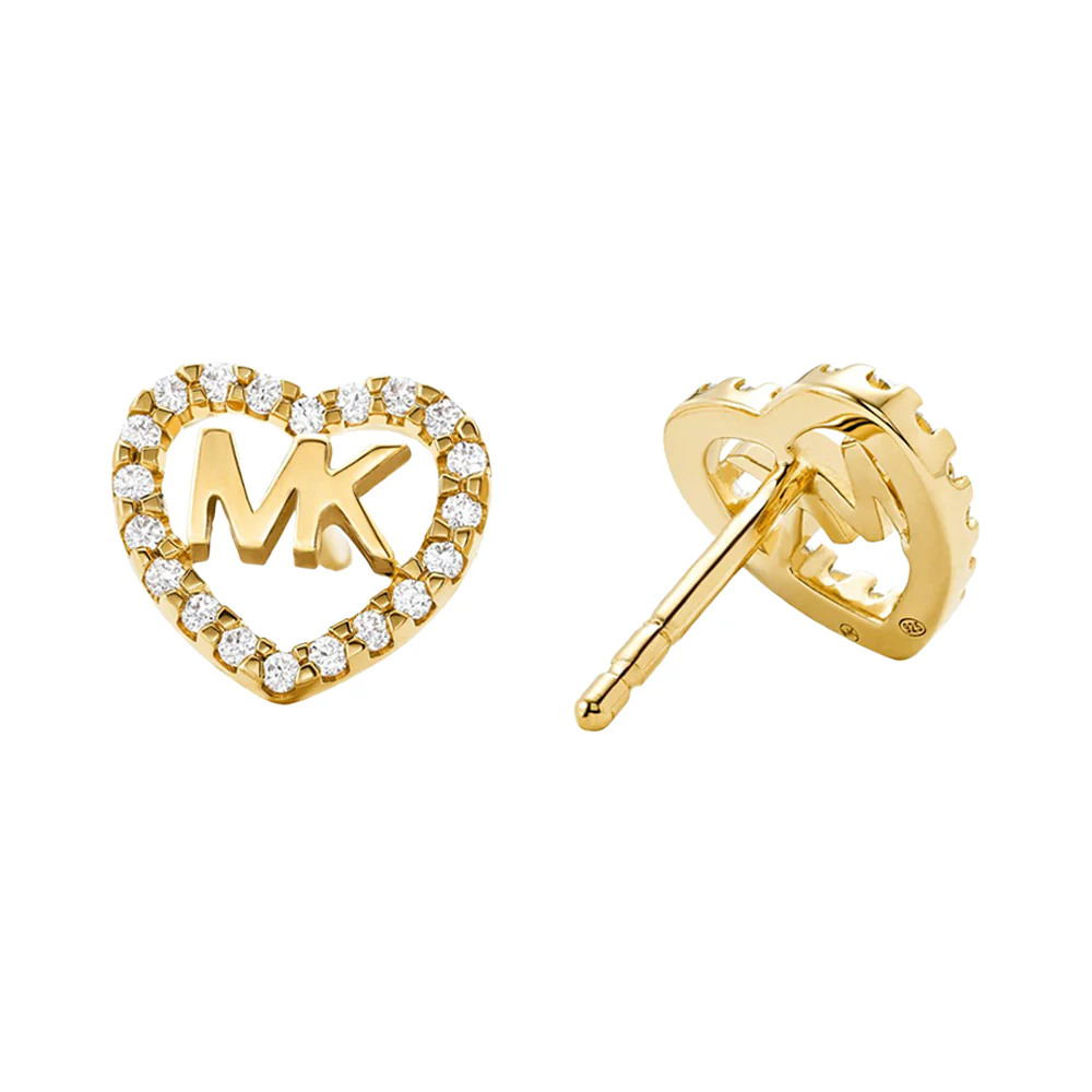 Michael Kors Gold Plated CZ Heart MK Stud Earrings - Image 2