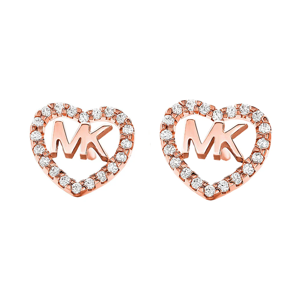 Michael Kors Rose Plated CZ Heart MK Stud Earrings