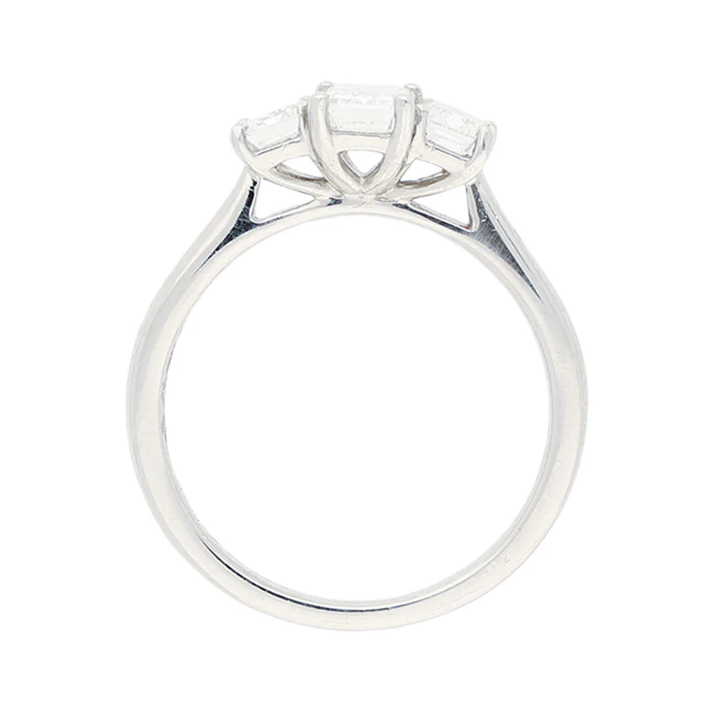 Platinum 3 Stone Emerald Cut Diamond Engagement Ring - Image 3