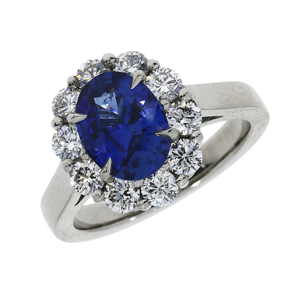 Platinum Oval Sapphire & Diamond Cluster Engagement Ring