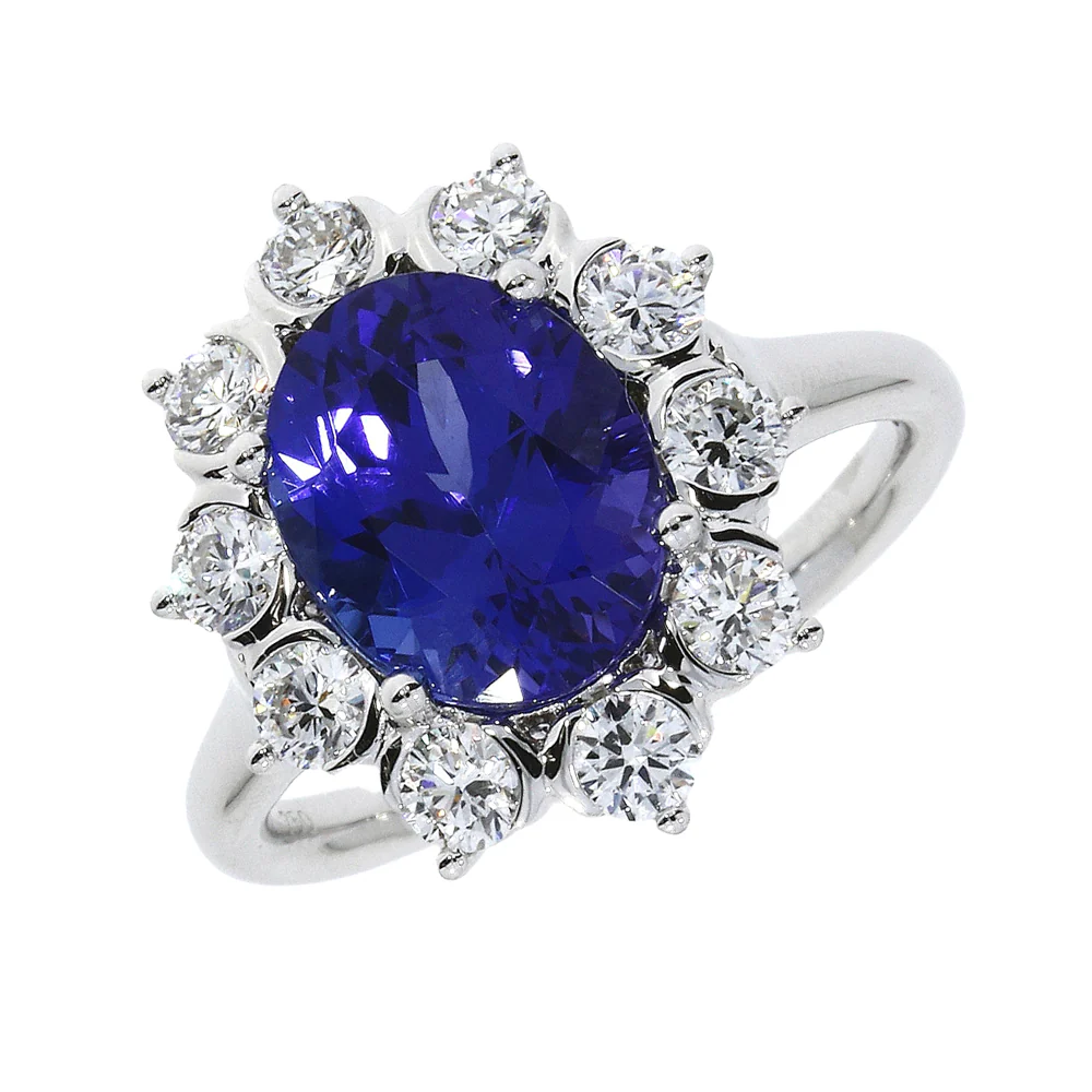Platinum Oval Tanzanite with Diamond Surrounding Engagement Ring