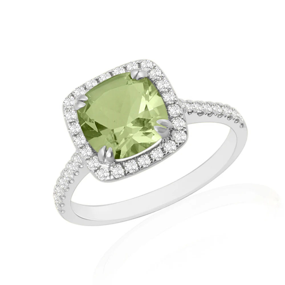 Platinum Peridot with Diamond Surrounding Ring