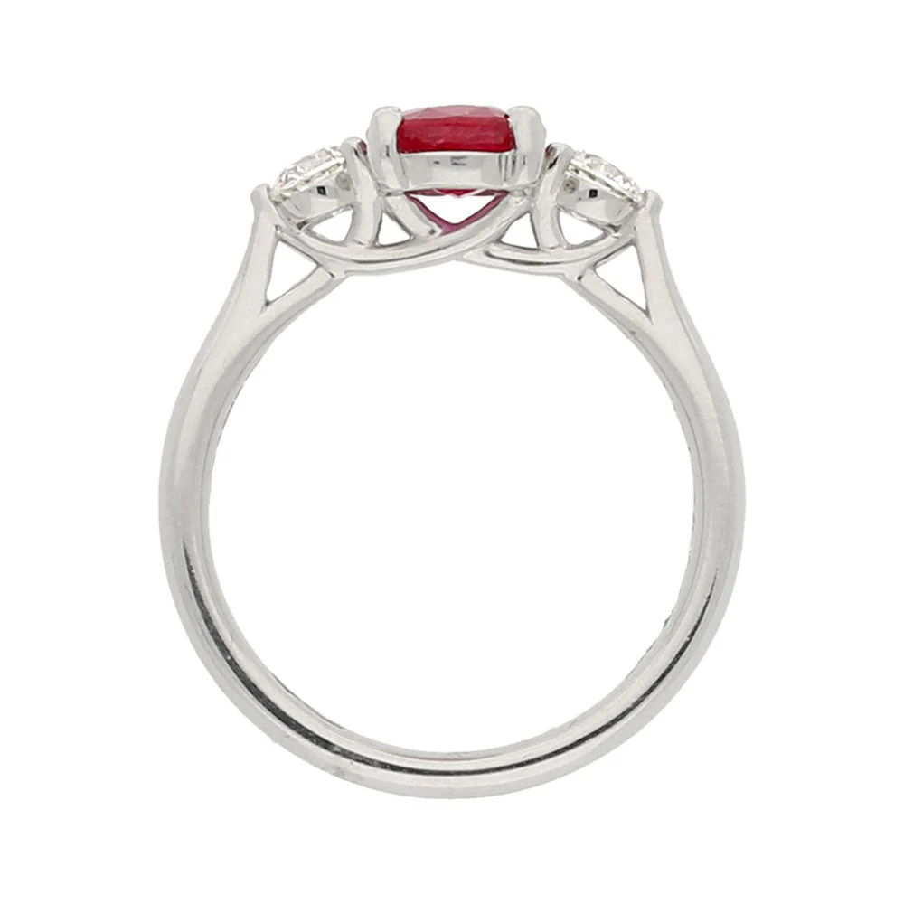 Platinum Three Stone Oval Ruby and Diamond Ring - Image 3