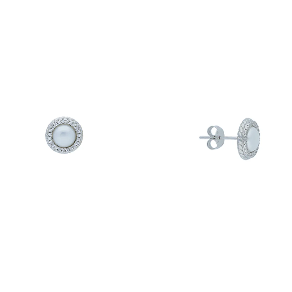 Sterling Silver Circle Halo CZ and Pearl Stud Earrings - Image 2