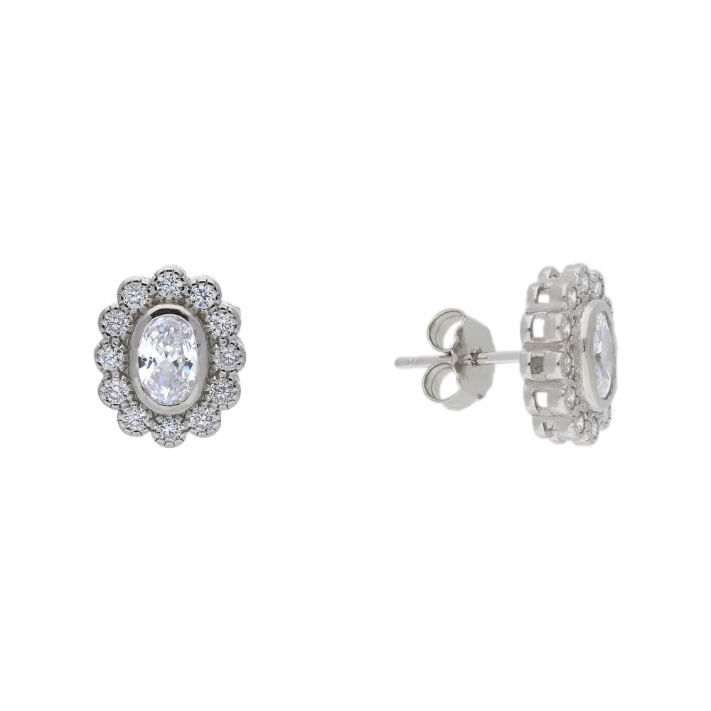 Sterling Silver Cubic Zirconia Halo Stud Earrings - Image 2