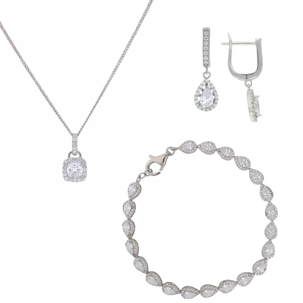 Sterling Silver Cubic Zirconia Pear-cut Pendant, Bracelet, and Earring Set