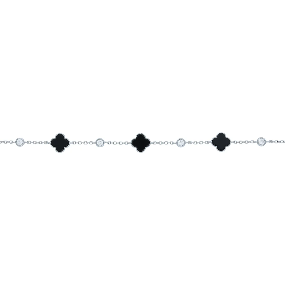 Sterling Silver Onyx Flower and CZ Bracelet