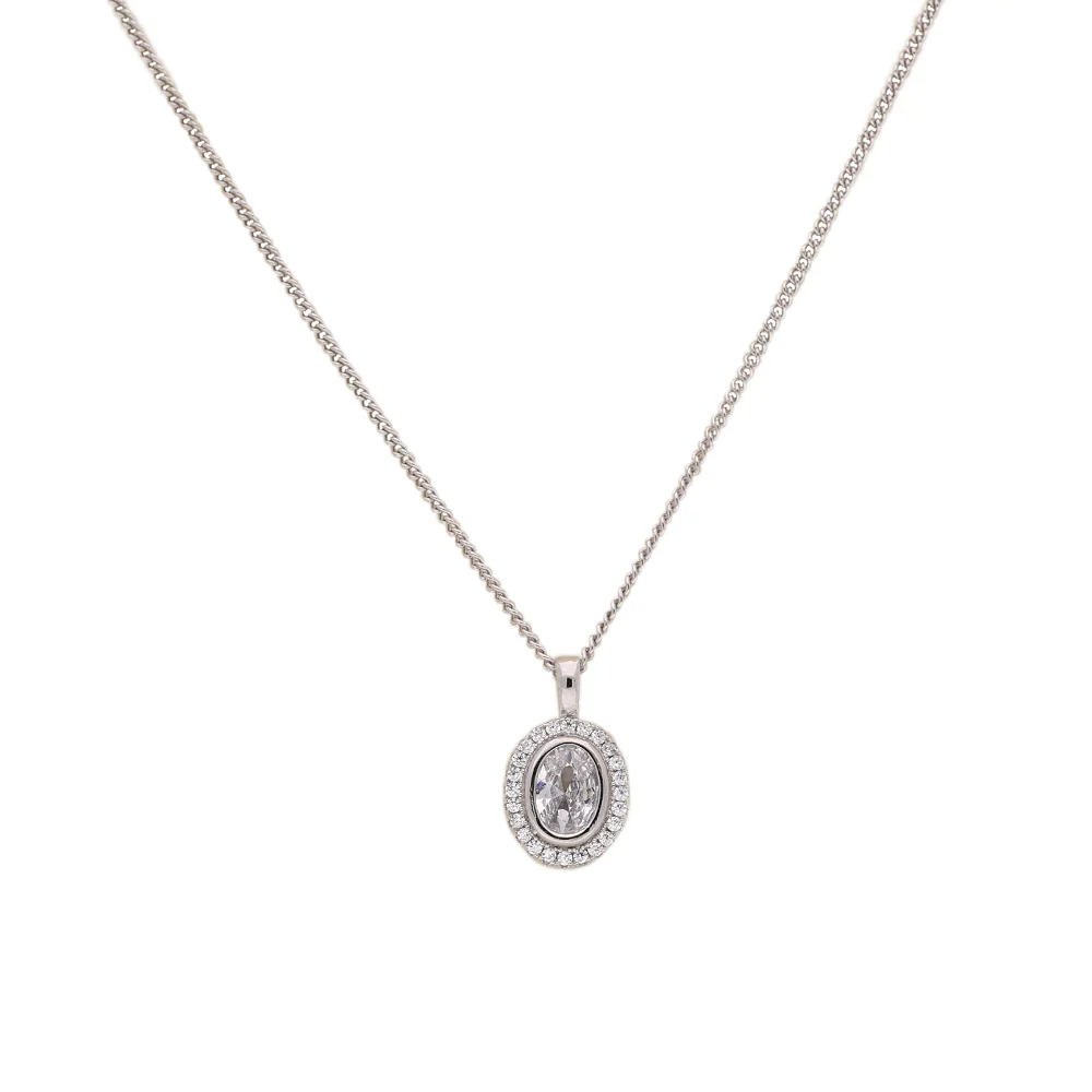 Sterling Silver Oval Cubic Zirconia Halo Pendant