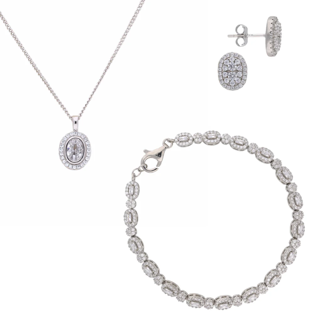Sterling Silver Oval Cubic Zirconia Pendant, Earring & Bracelet Set