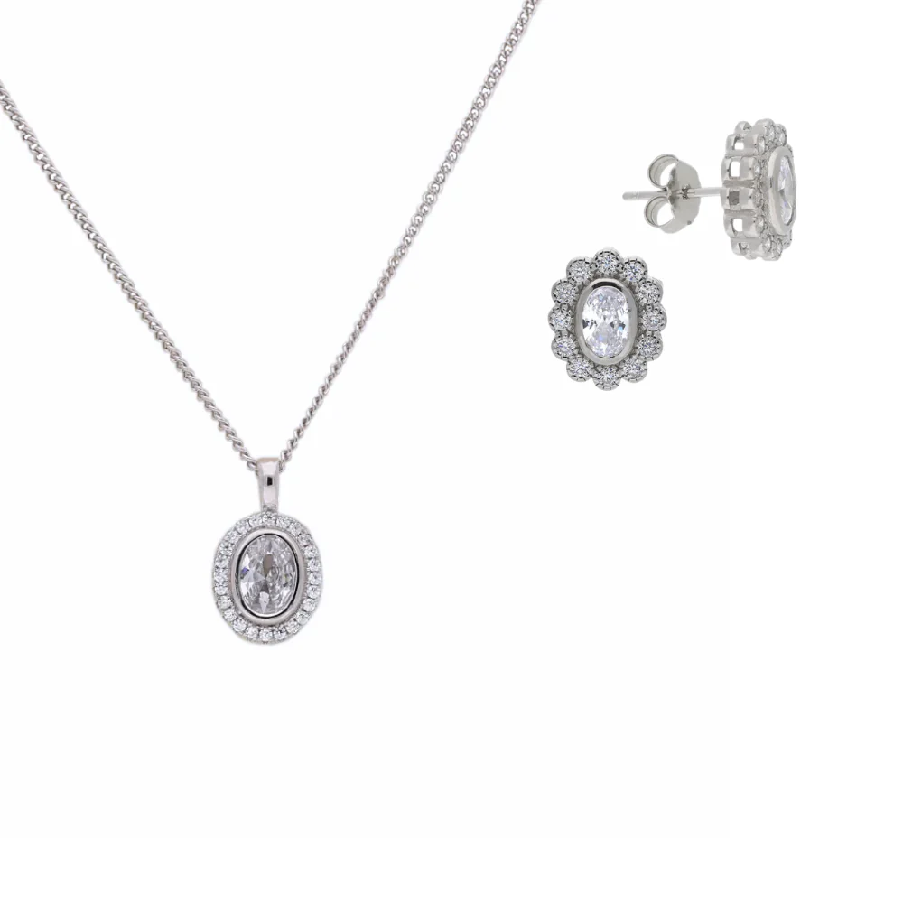 Sterling Silver Oval Cubic Zirconia with Halo Earrings & Pendant Set