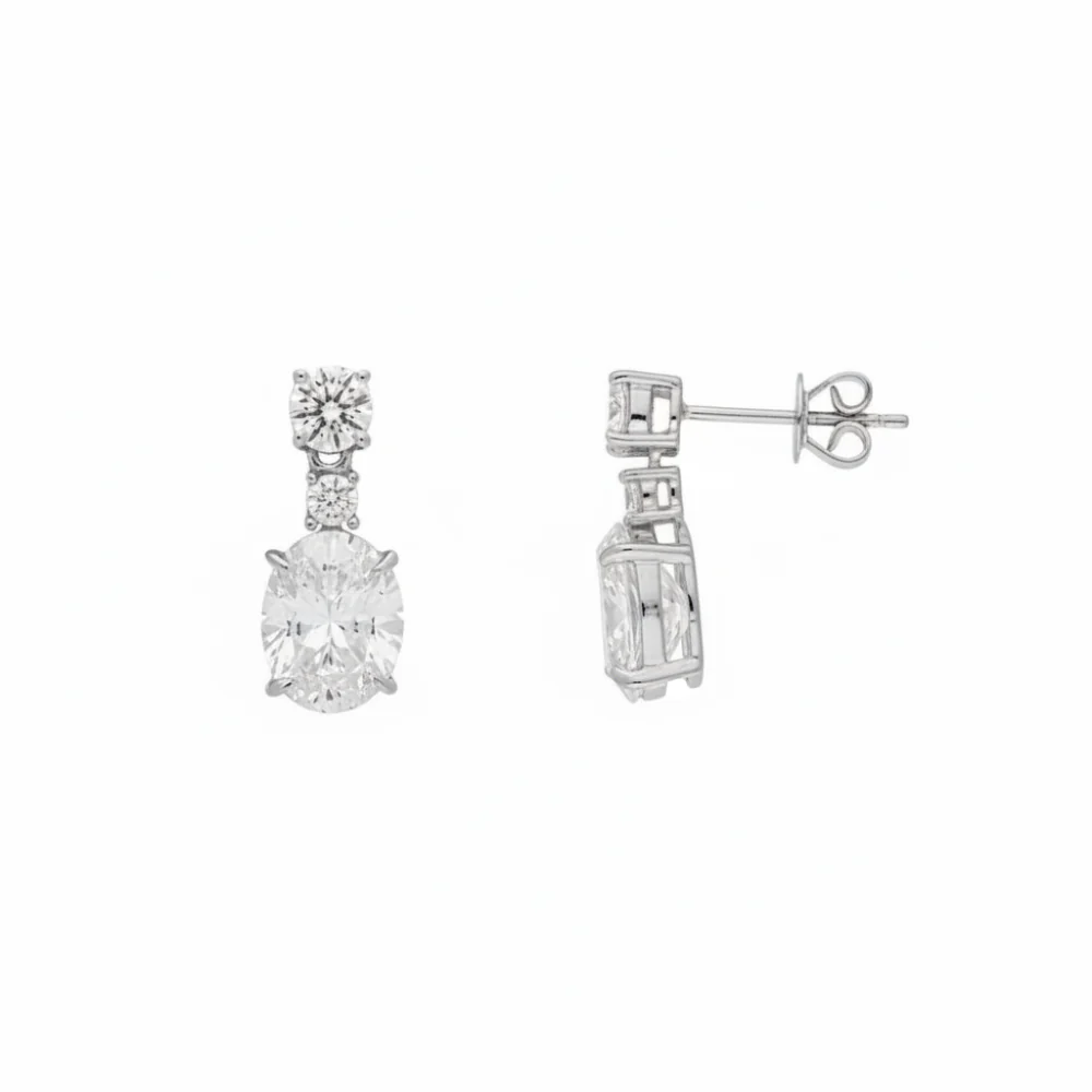 Sterling Silver Oval & Round Cubic Zirconia Drop Earrings - Image 2