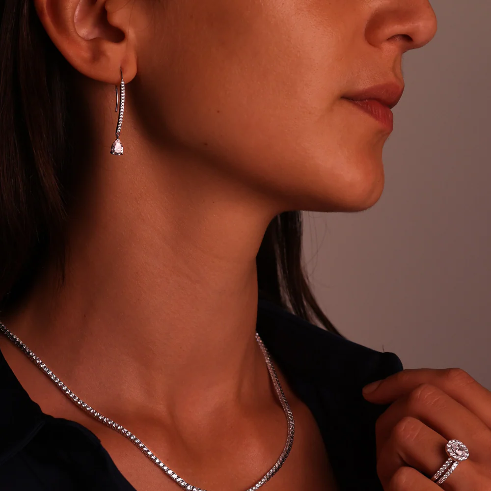 Sterling Silver Pave Pear Zirconia Hook Drop Earrings - Image 2