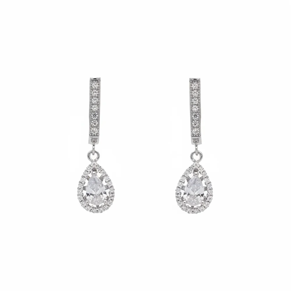 Sterling Silver Pear-Cut Cubic Zirconia Halo Drop Earrings