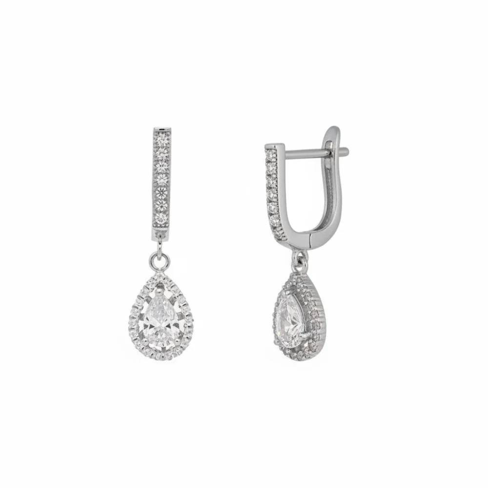 Sterling Silver Pear-Cut Cubic Zirconia Halo Drop Earrings - Image 2